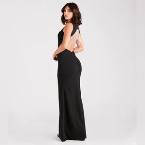 Bella Formal Crepe Rhinestone Open Back Dress Size: S